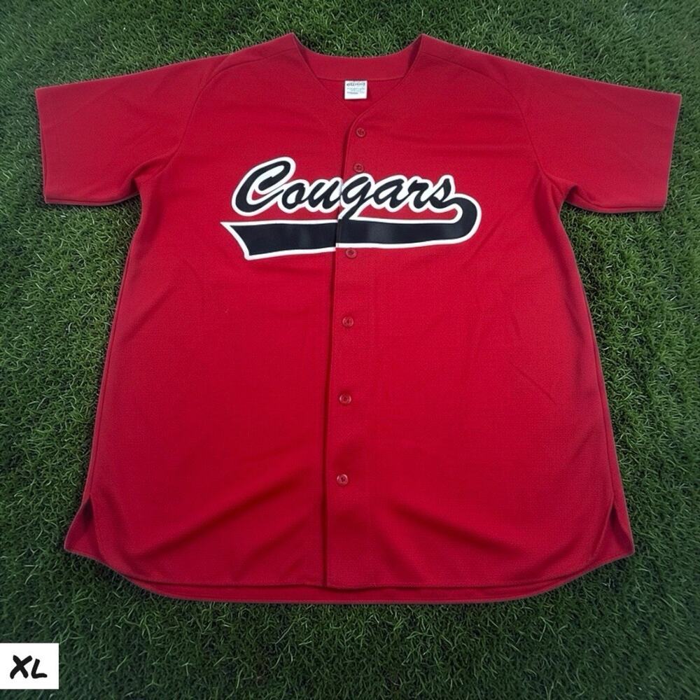 Vintage Baseball Jersey Cougars Red Button Up Embroidered Patch Logo Mens XL Red